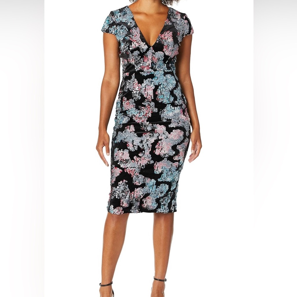 Dress the Population Women's Allison Sequin Midi Cap Sleeve Sheath Dress